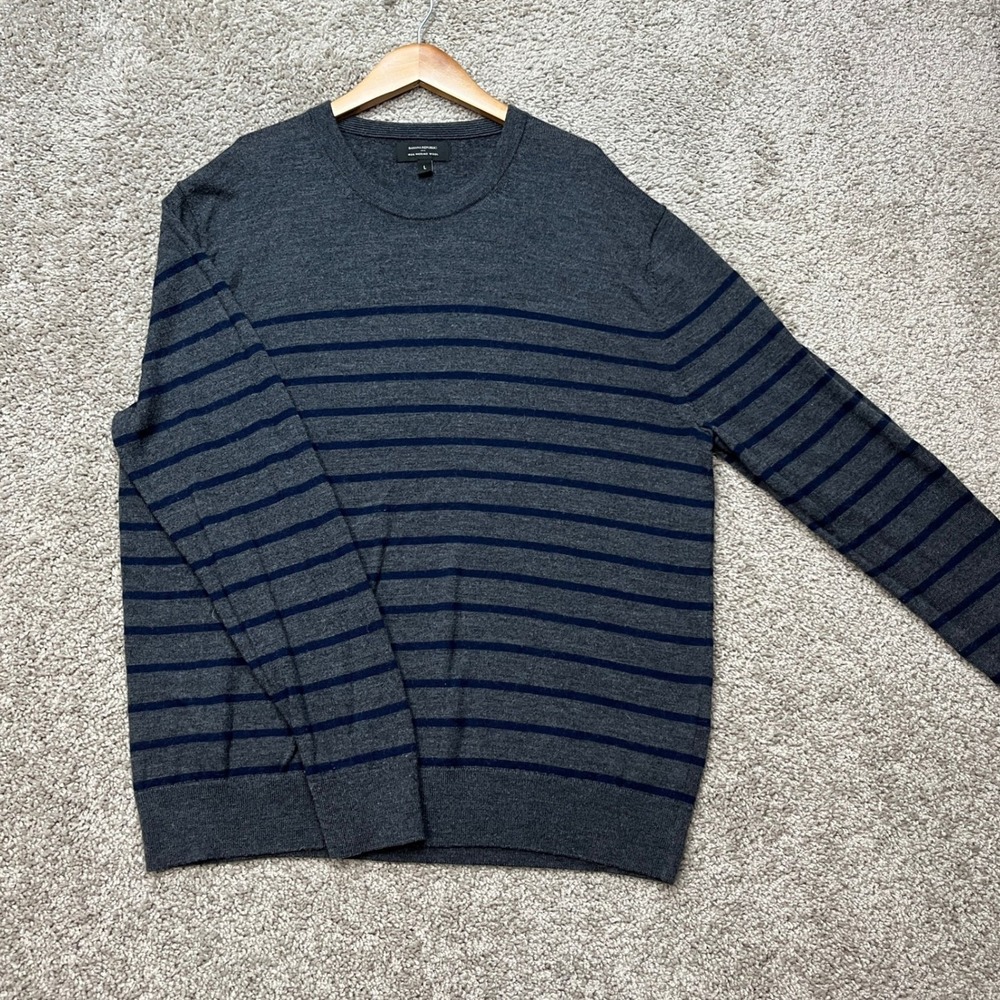 Banana Republic Sweater Men Large Gray Navy Blue Long Sleeve Striped Merino Wool